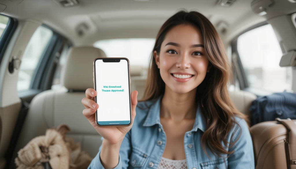 A triumphant, smiling person holding a phone showing a "Loan Approved!" notification