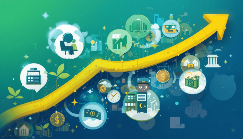 A graphic depicting an upward-trending arrow intersecting with various financial icons representing career growth