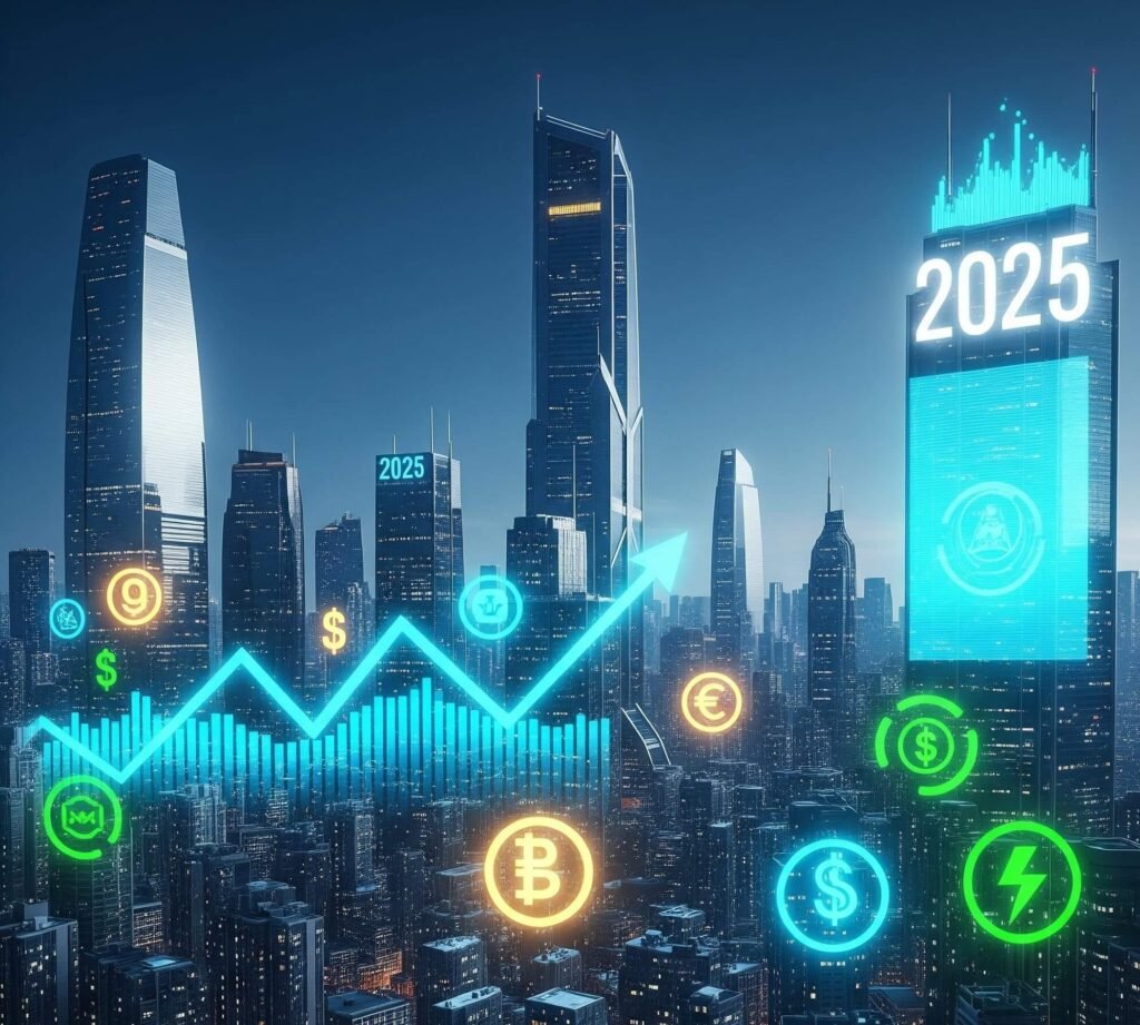A futuristic cityscape with holographic projections of various financial