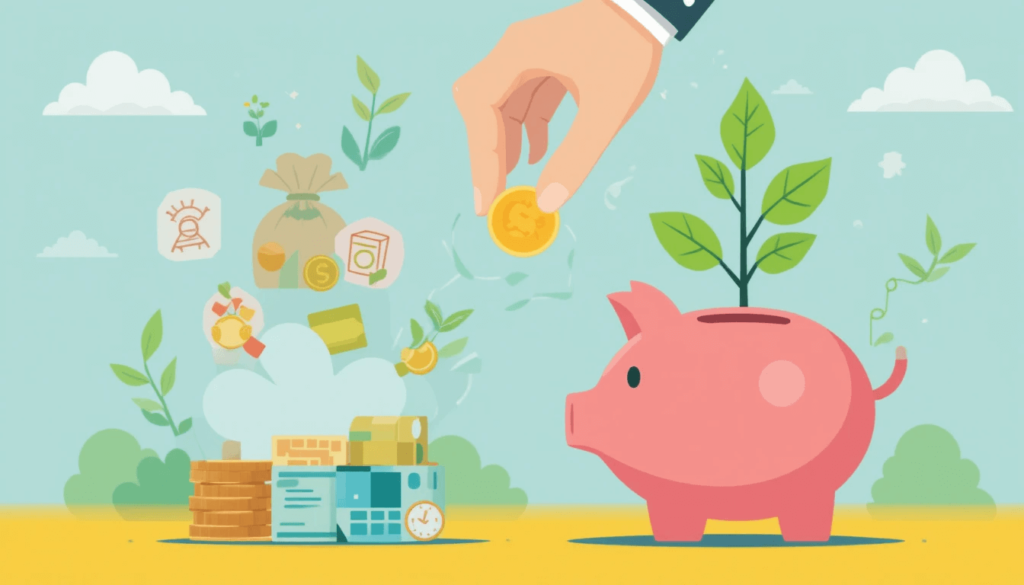 A vibrant graphic showing a hand placing a coin into a piggy bank, surrounded by budget categories