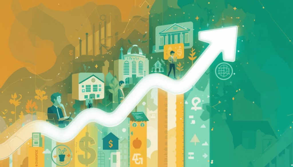 A graphic depicting an upward-trending arrow intersecting with various financial icons representing career growth, investments, side hustles, tax savings, and debt reduction. 