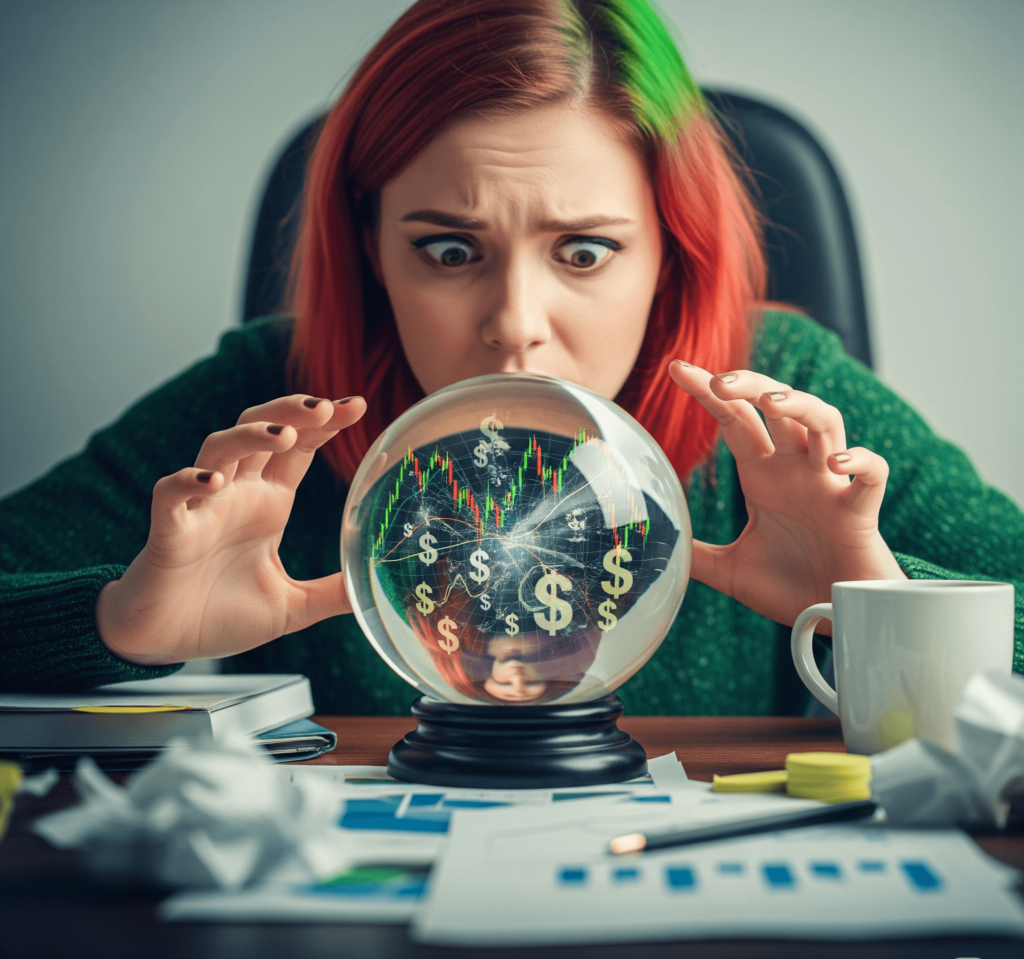 a person looking intently at a crystal ball filled with swirling stock charts and dollar signs