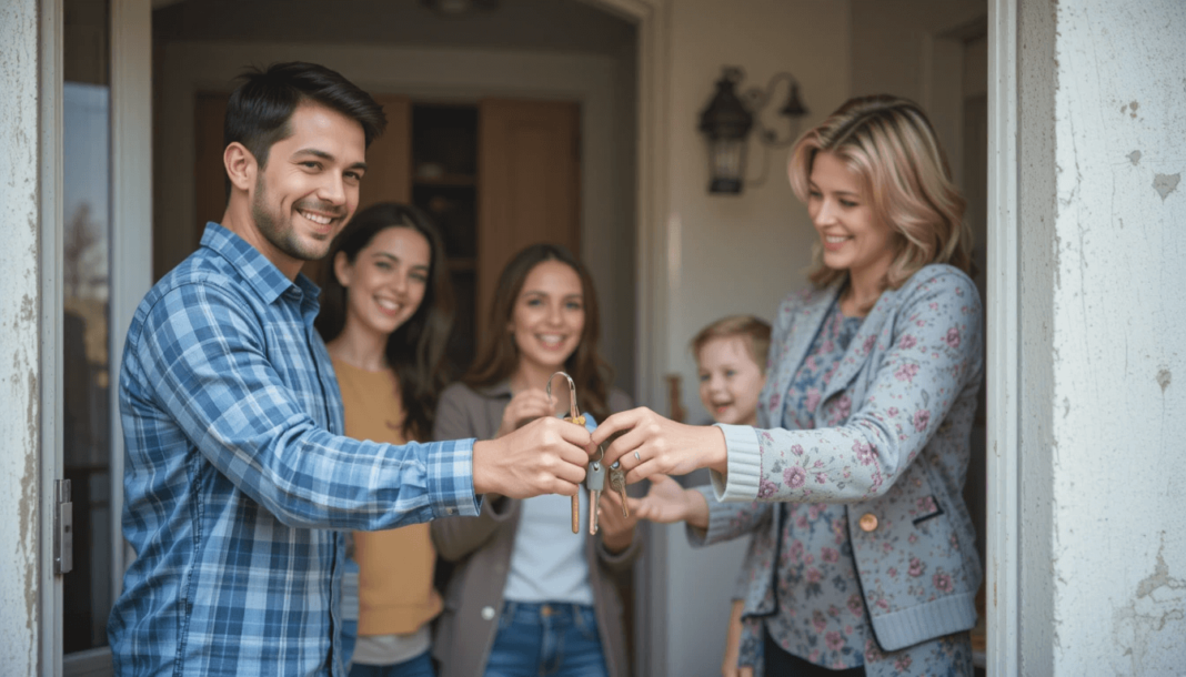 people happily holding keys in front of a suburban home