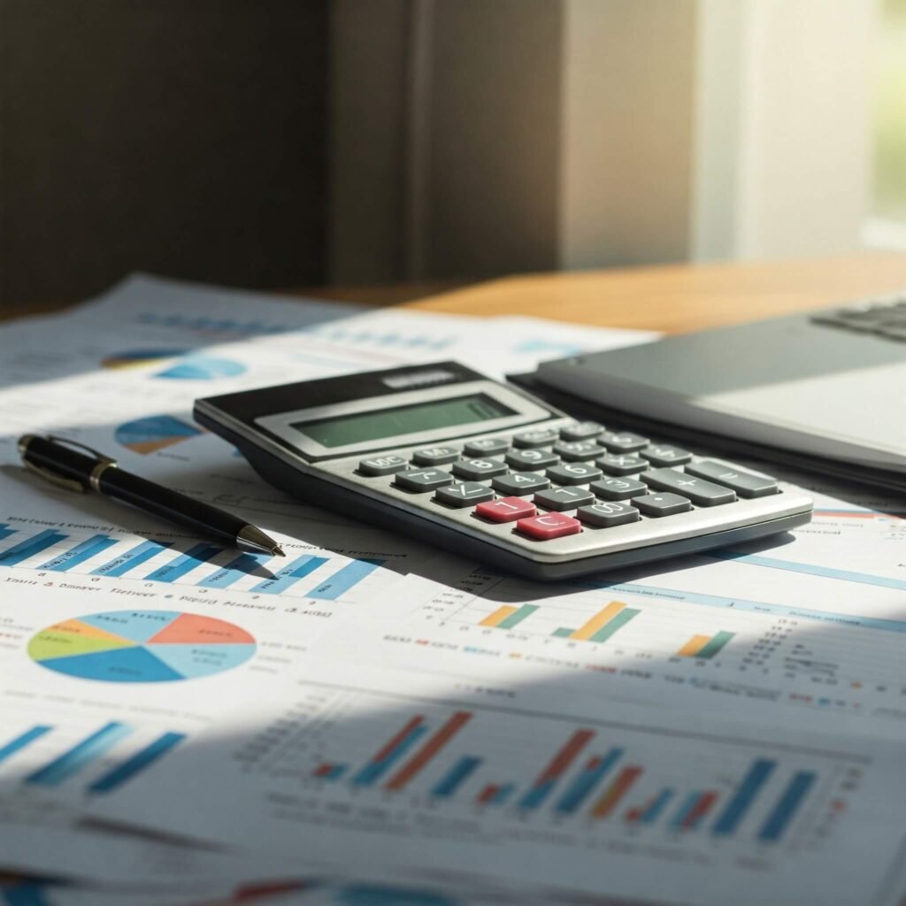 Financial planning documents and a calculator on a desk