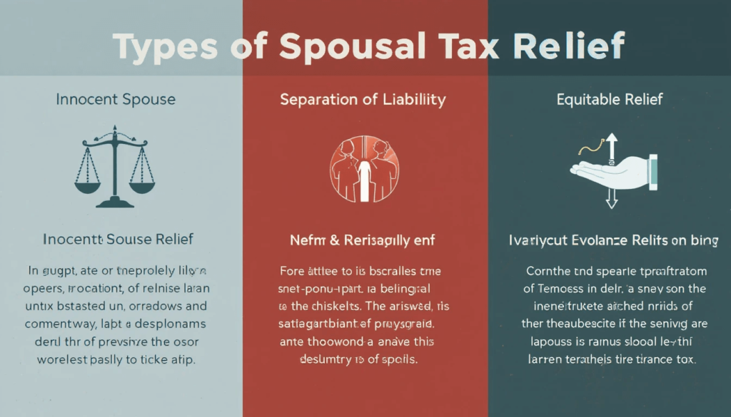 A split graphic or three distinct panels, each dedicated to one type of relief: Innocent Spouse Relief