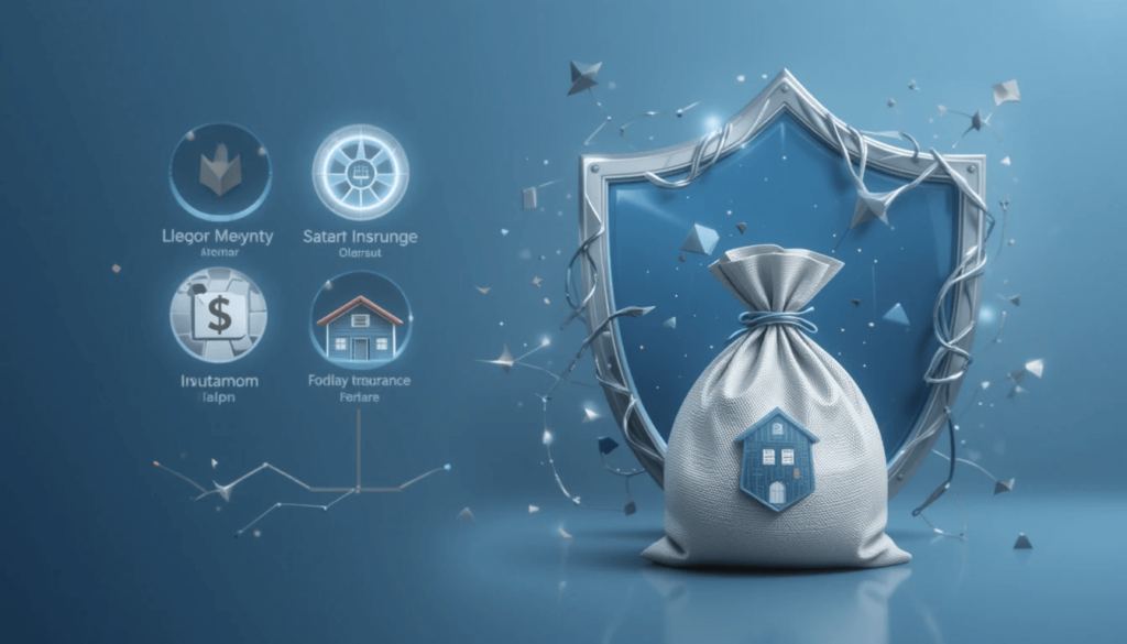 A visual metaphor of a shield protecting a house and a growing money bag, with smaller icons representing different types of insurance and a will.