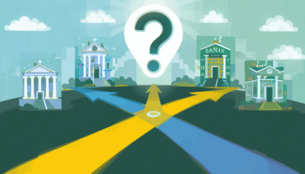 a crossroads or a decision point, with multiple arrows pointing towards different buildings