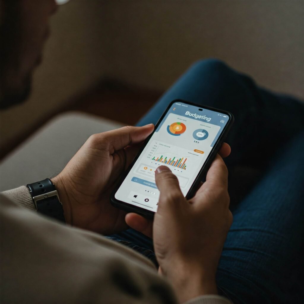 A person in their 30s tracking expenses on a budgeting app