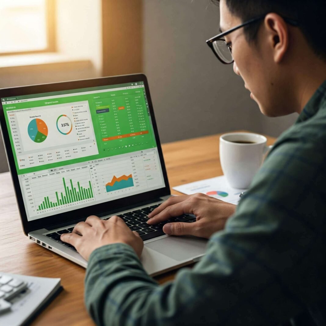 Person tracking expenses in a spreadsheet.
