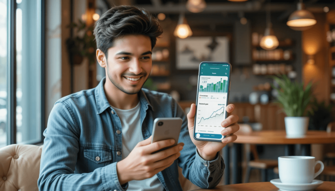 a young adult confidently using a budgeting app