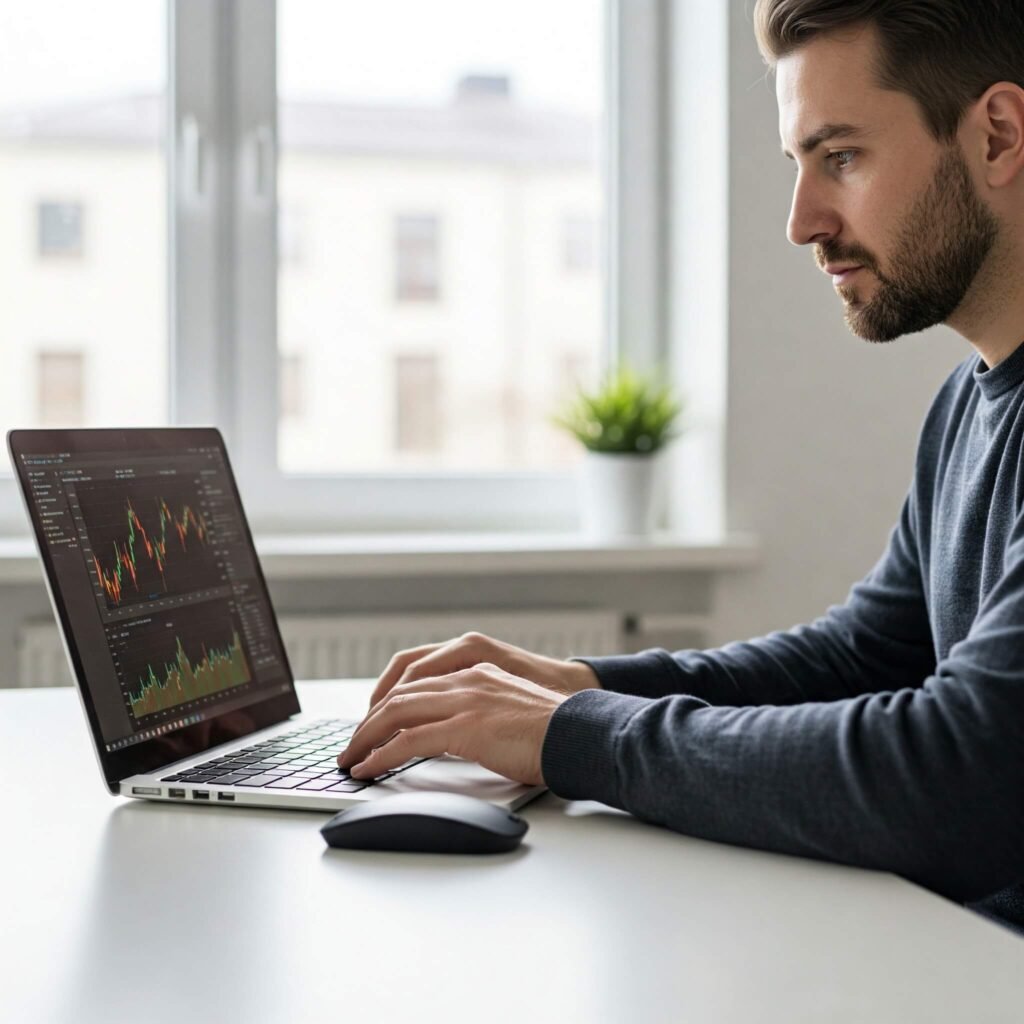 A person in their 30s investing money using a laptop.