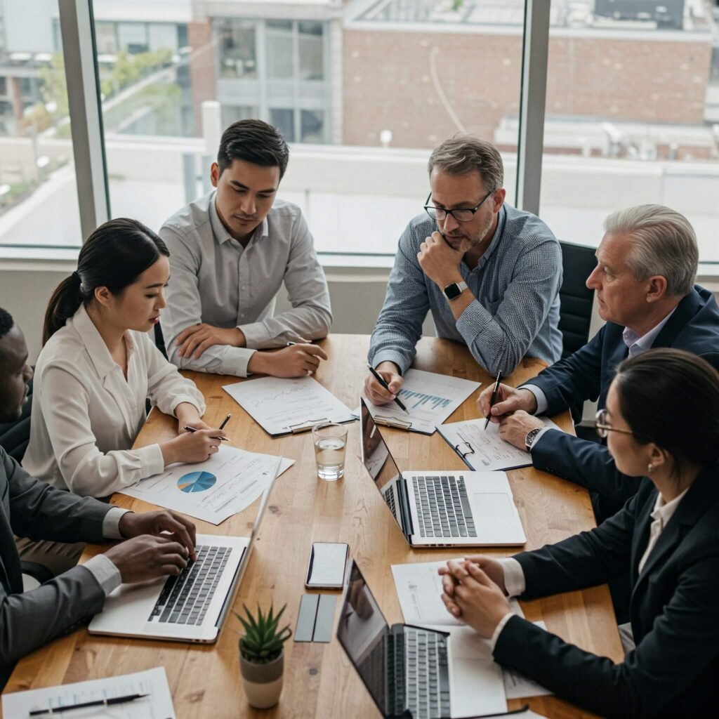 A group of people discussing financial planning and investment options.