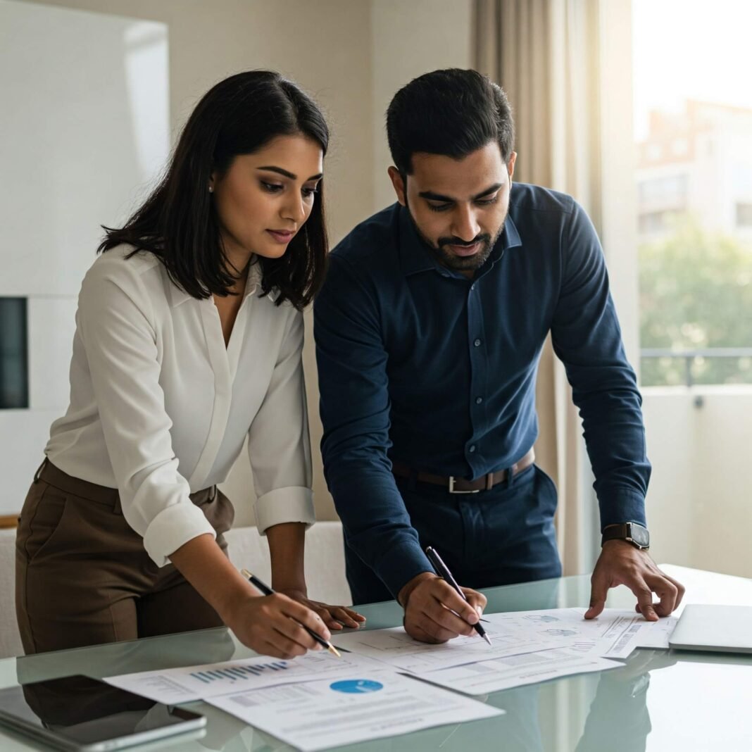 A couple in their 30s reviewing financial documents.