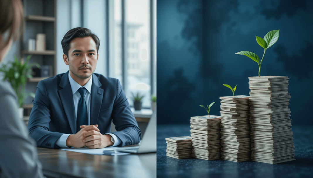 a professional-looking financial consultant in a meeting with a client.