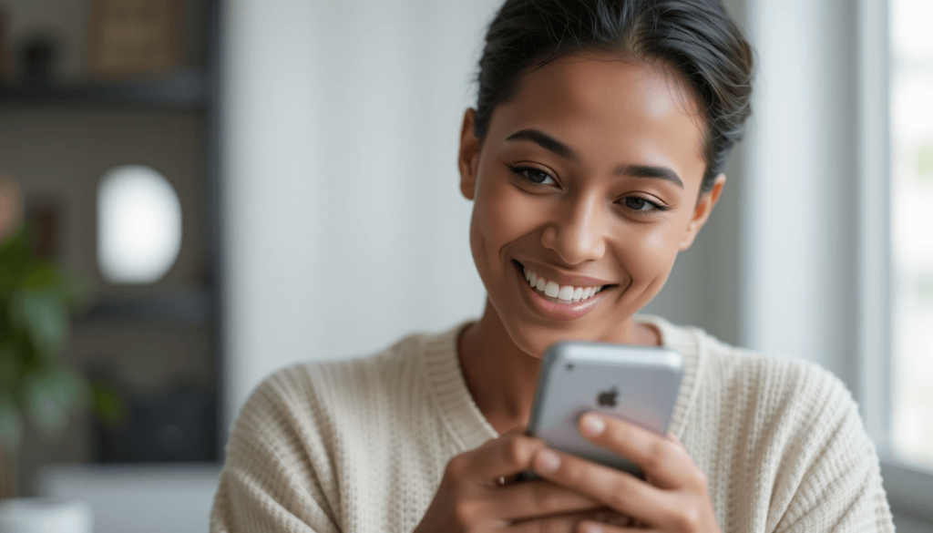 A happy individual confidently using a mobile banking app to check their growing savings balance.