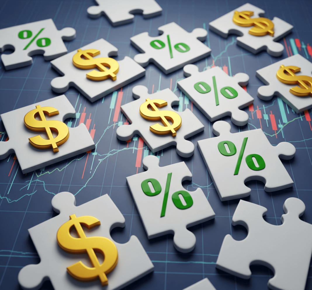 puzzle pieces fitting together with dollar and percentage signs against a simplified stock chart.