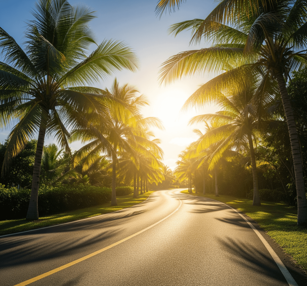 Road leading to a sunny horizon