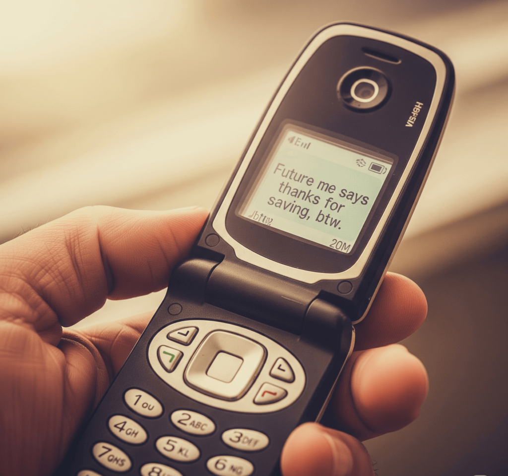 Vintage flip phone screen with the message 'Future me says thanks for saving'.