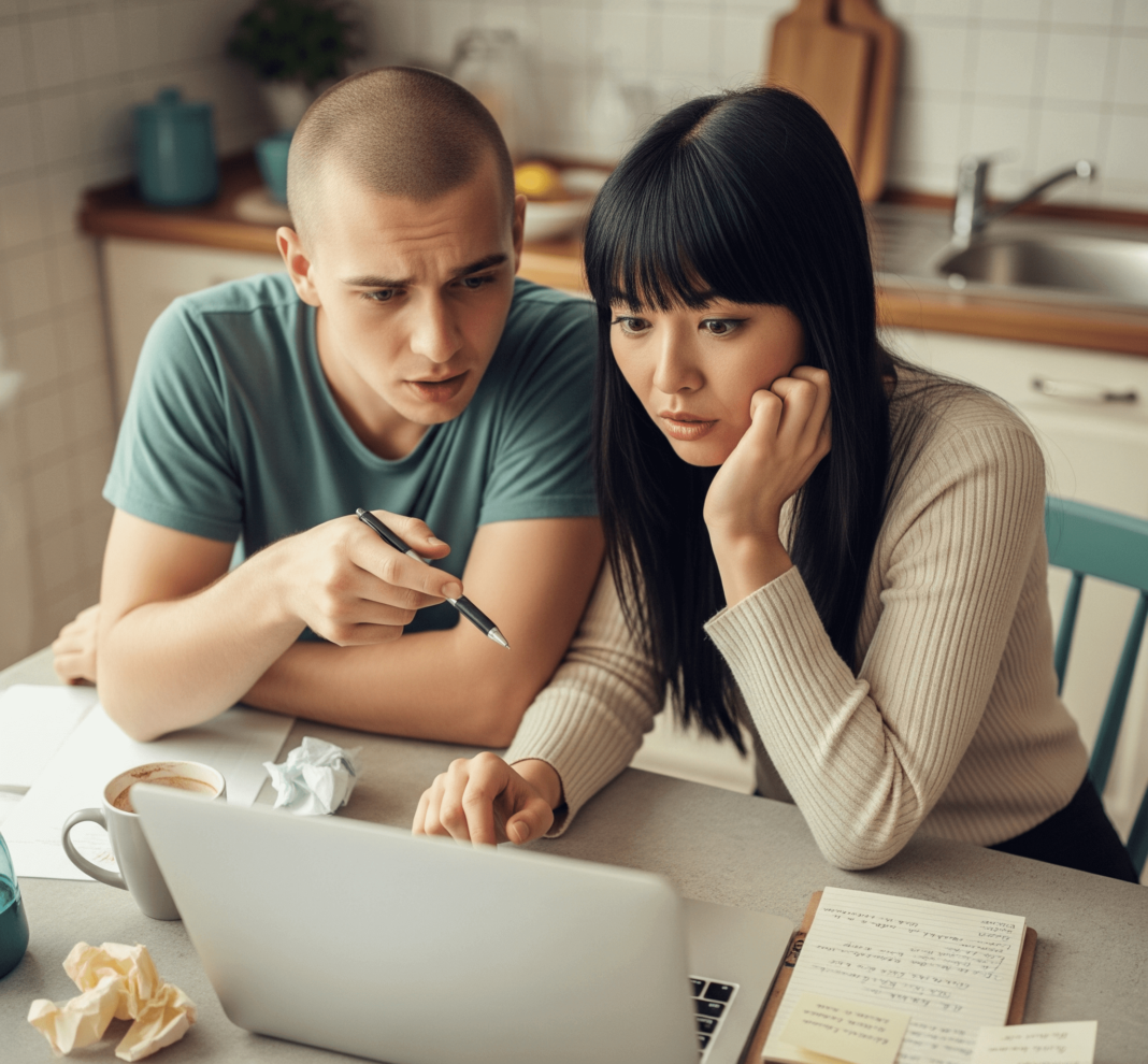 Two friends look at a laptop with a confused expression.