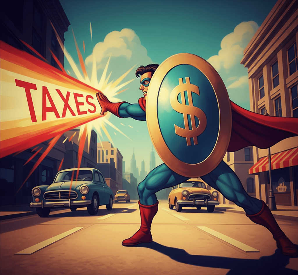 Cartoon superhero blocking tax beam.