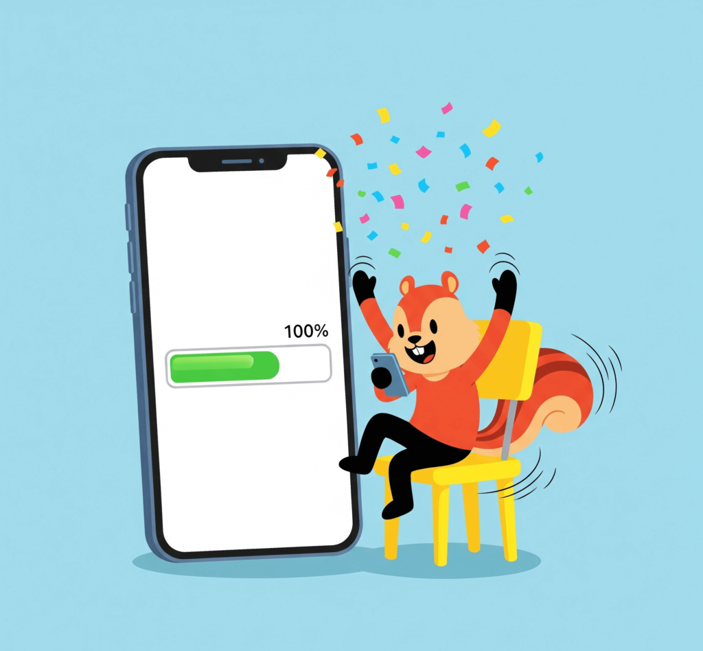 A cartoon squirrel celebrates as a savings goal on a phone screen reaches 100%.