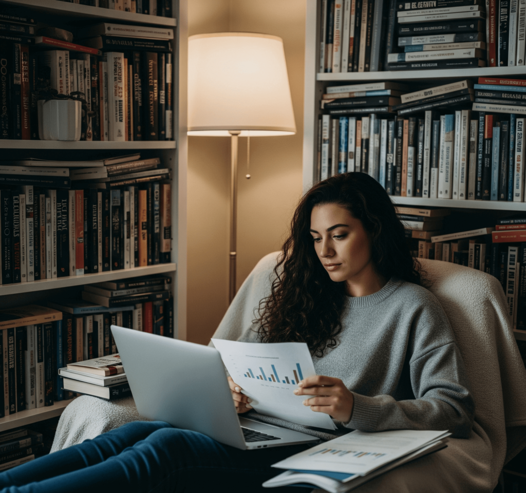 A person sits in an armchair, surrounded by books and a laptop, learning about finances.
