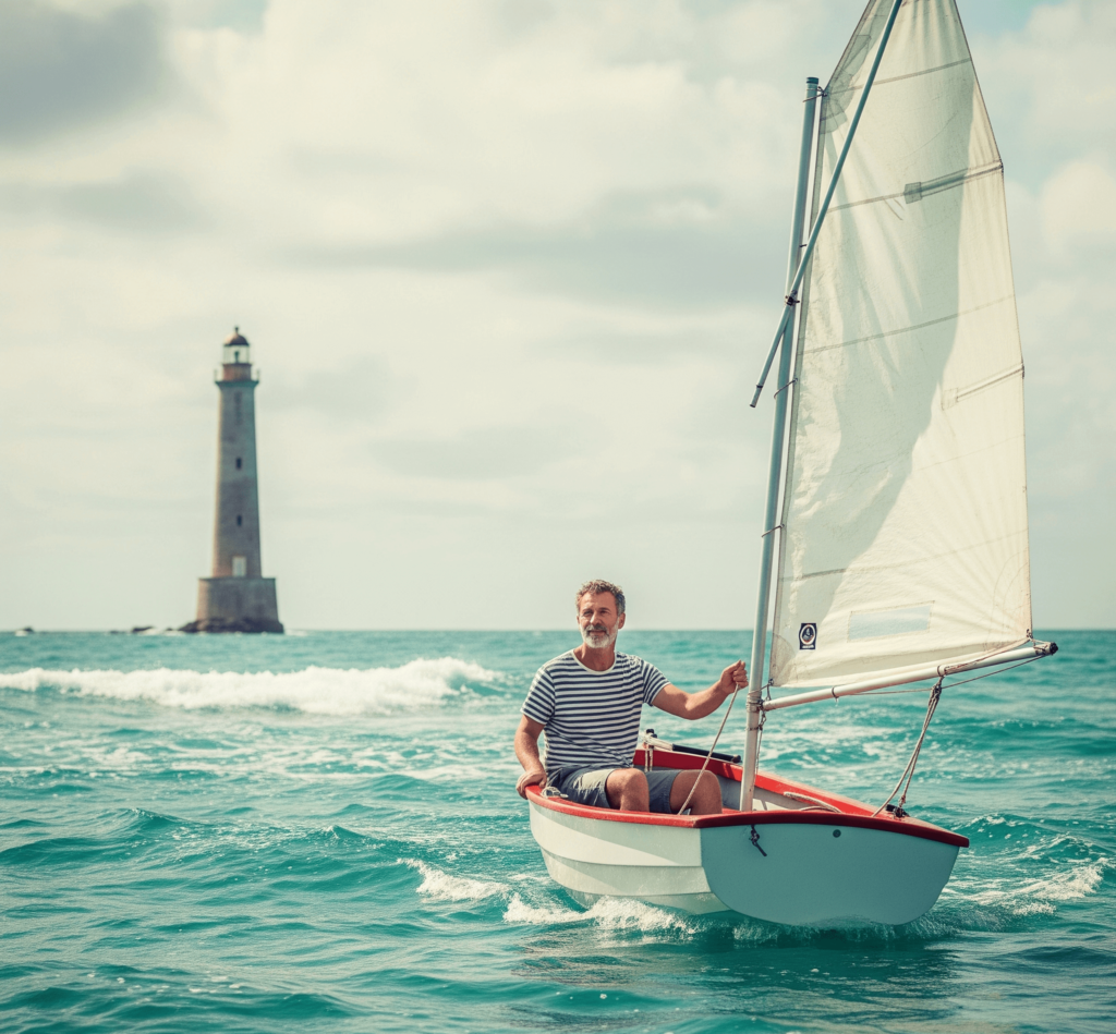 a person calmly sailing a small boat on a choppy sea, with a lighthouse in the distance.