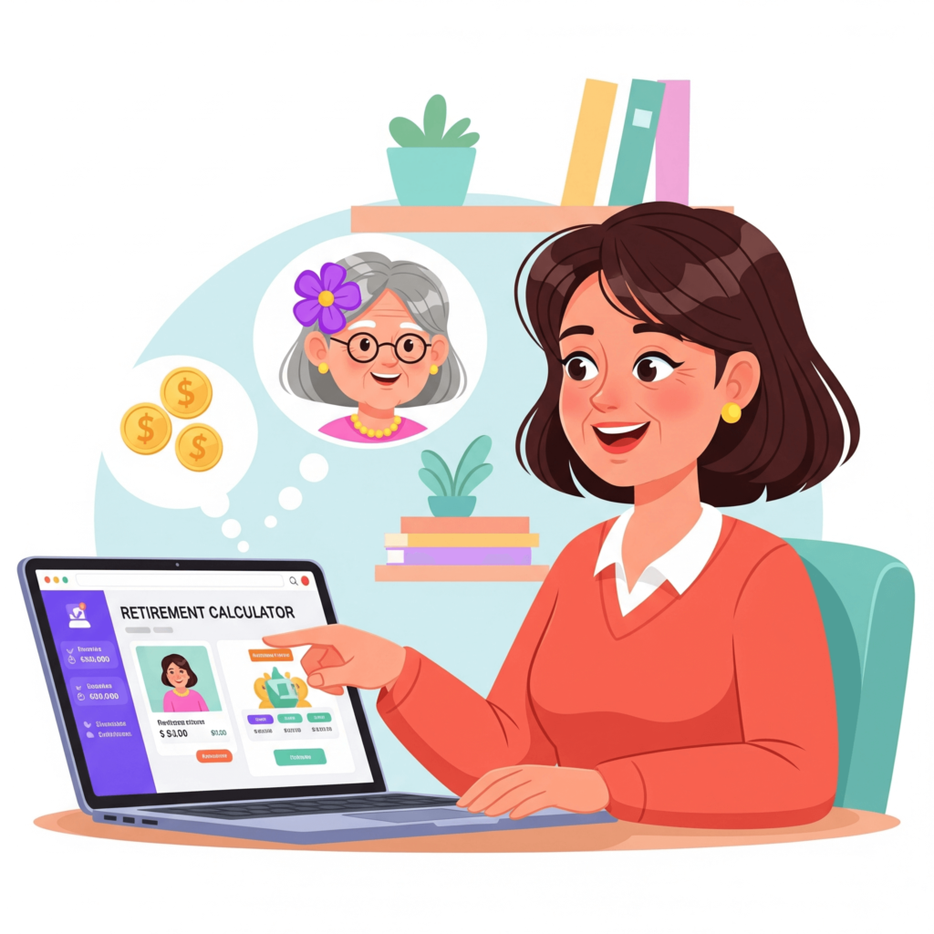 Person using retirement calculator, envisioning future.