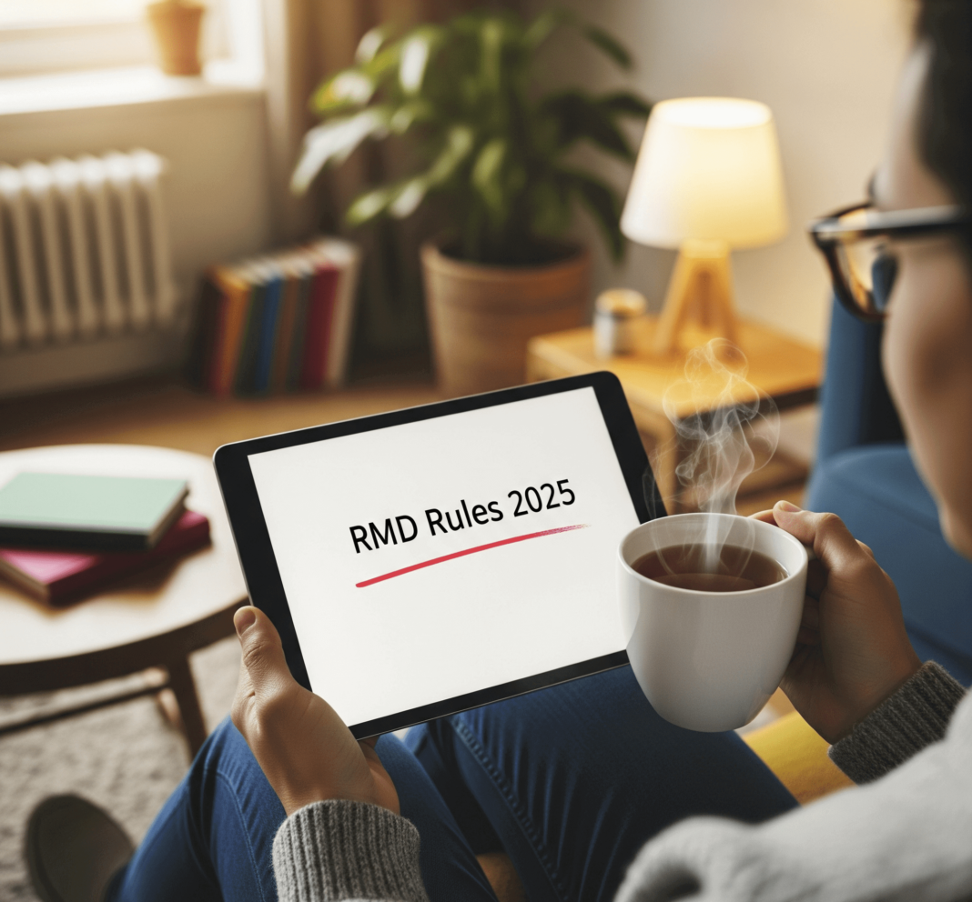 A person holds a mug while reading about 2025 RMD rules on a tablet.