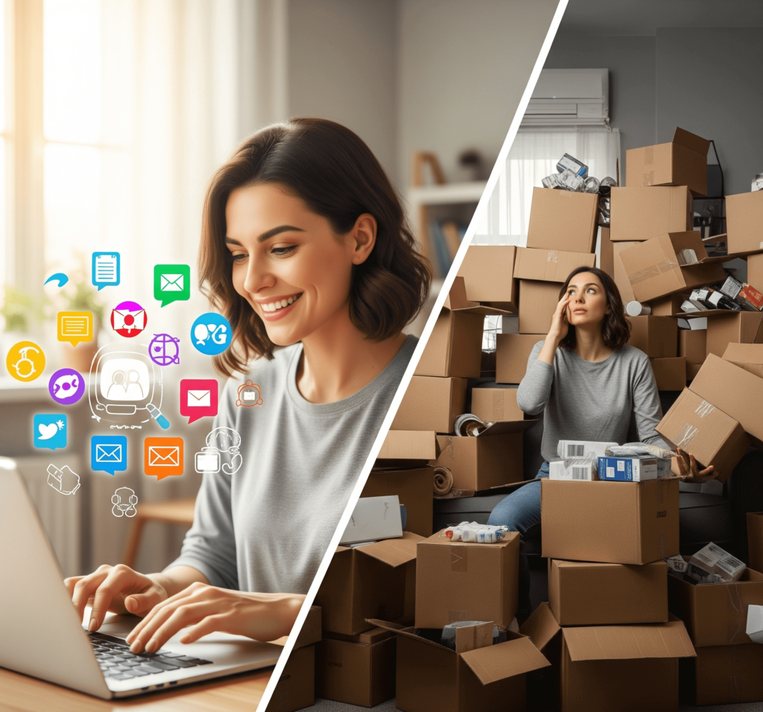 a person happily working on a laptop surrounded by digital icons on one side, and overwhelmed by a pile of physical boxes on the other.