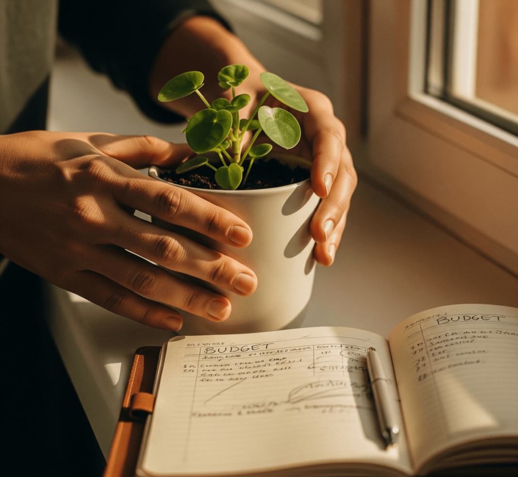 A person's hands gently care for a small money plant on a windowsill with a budget notebook nearby.