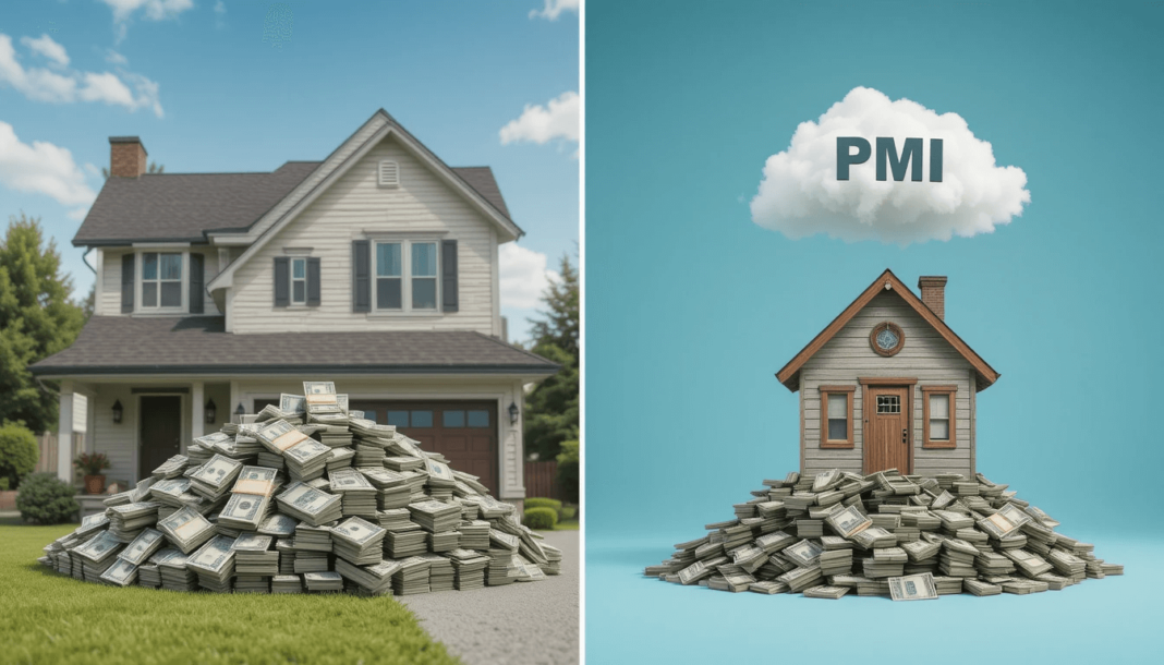  A house with a huge pile and another showing a smaller pile of cash. 