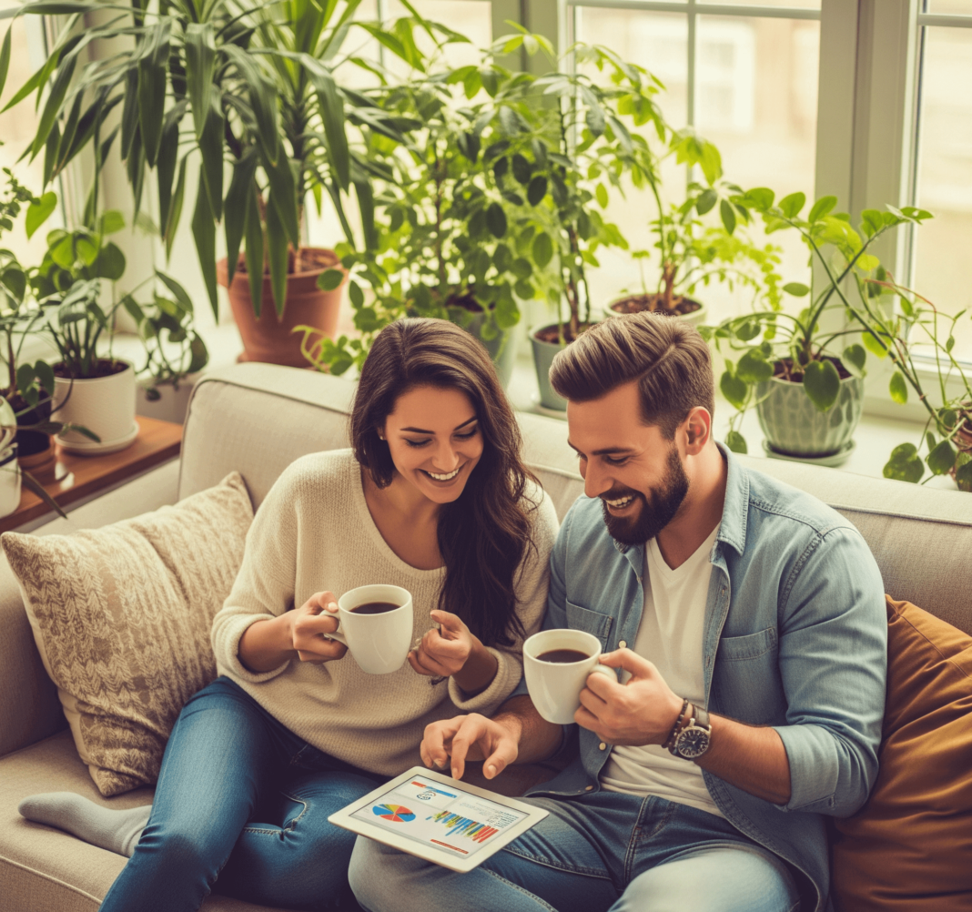 Two friends review retirement plans on a tablet.