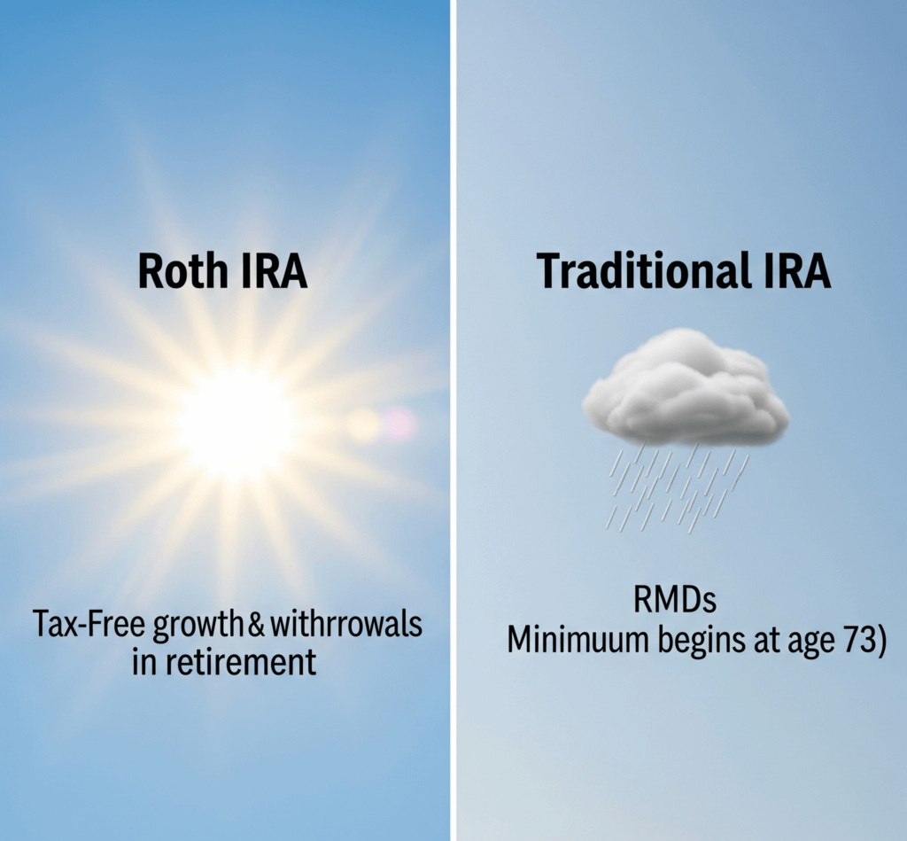 Split image showing a sunny Roth IRA and a Traditional IRA with a rain cloud for RMDs.