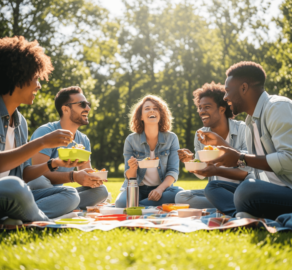 A group of diverse friends laughing and sharing food at a picnic in a sunny park.