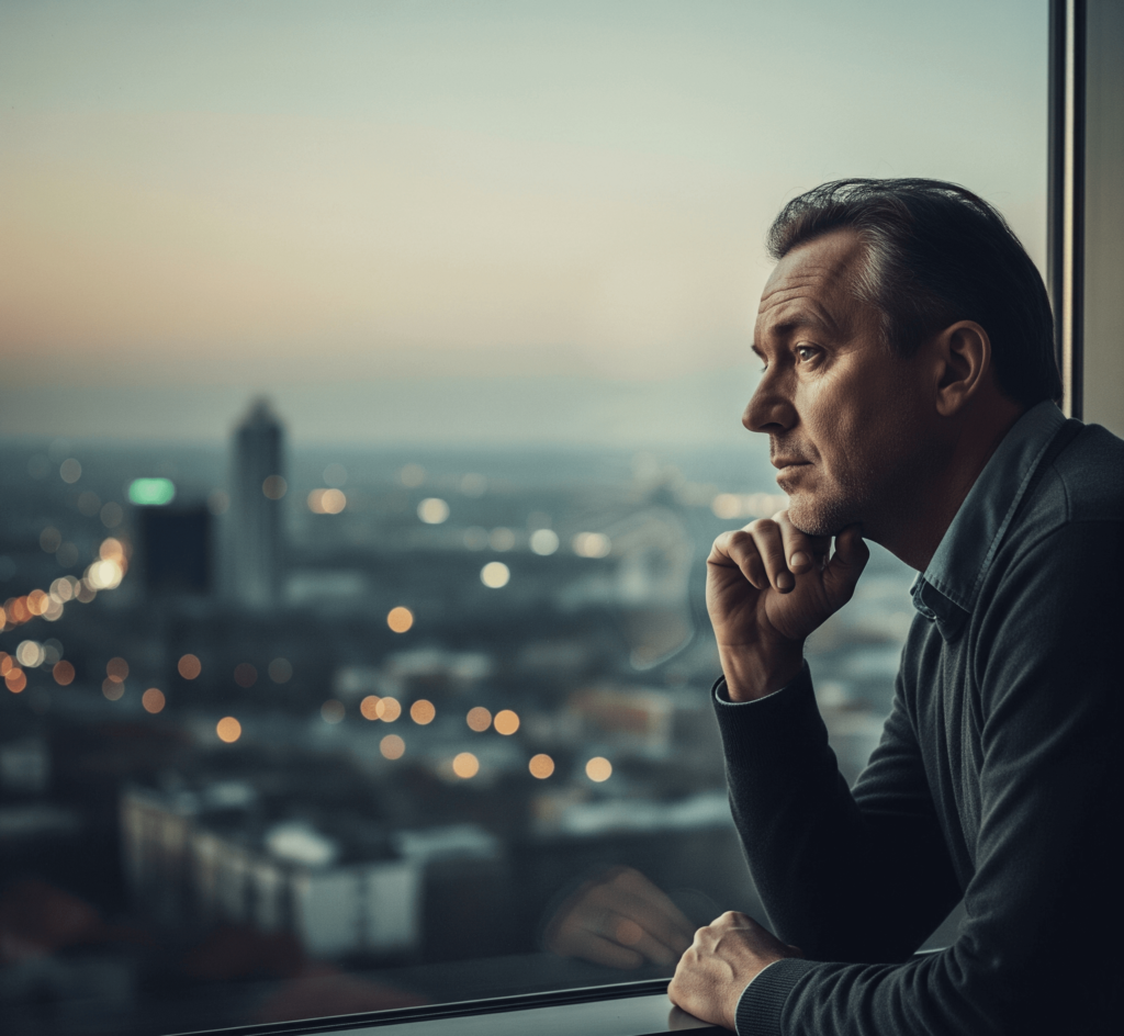 A person looks out a window at a city, contemplating their financial future.