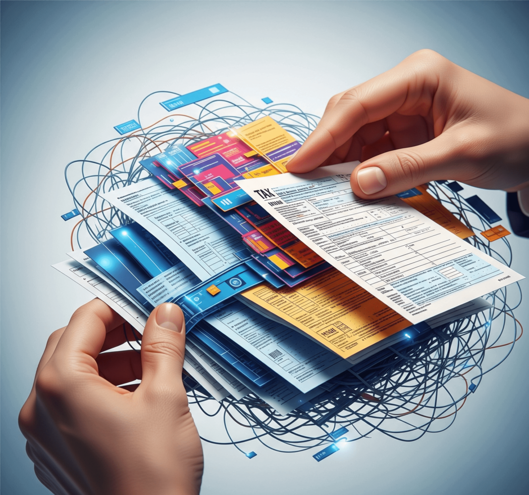 Hands untangling complex tax forms.
