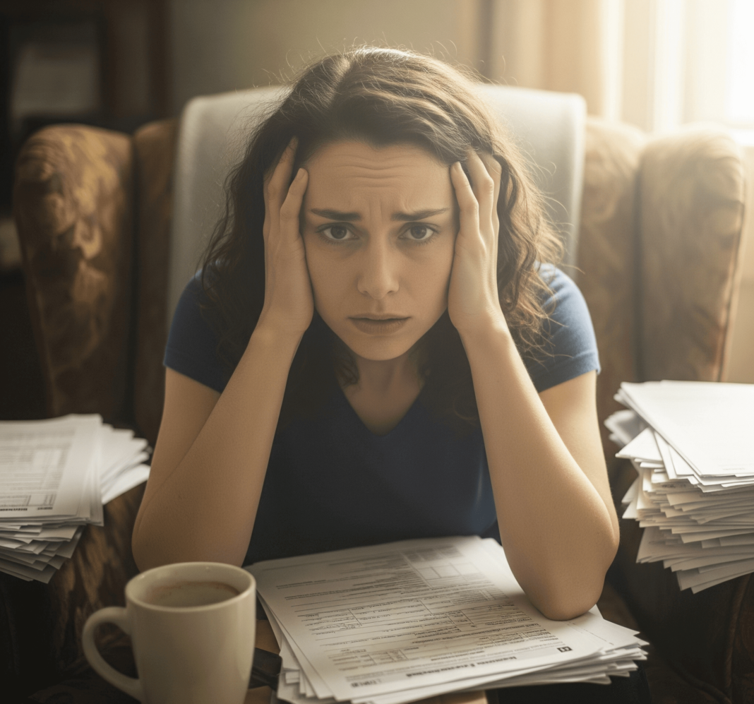 Stressed person with tax papers and coffee.