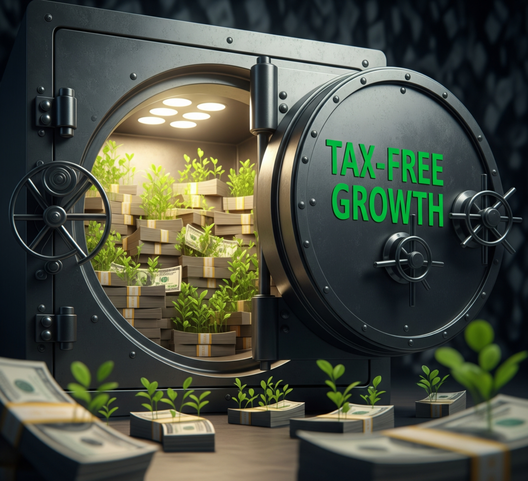A visual metaphor of a safe or vault filled with money growing