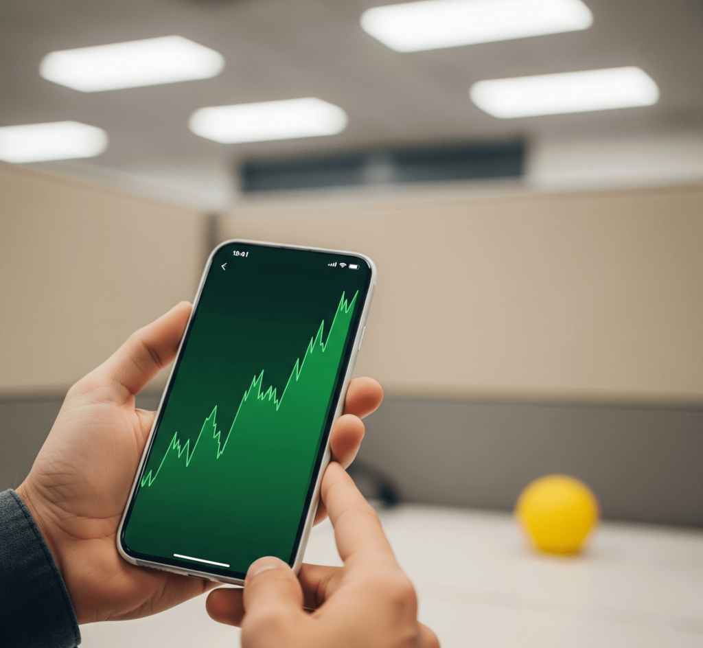 Hands holding phone with stock app in office cubicle.