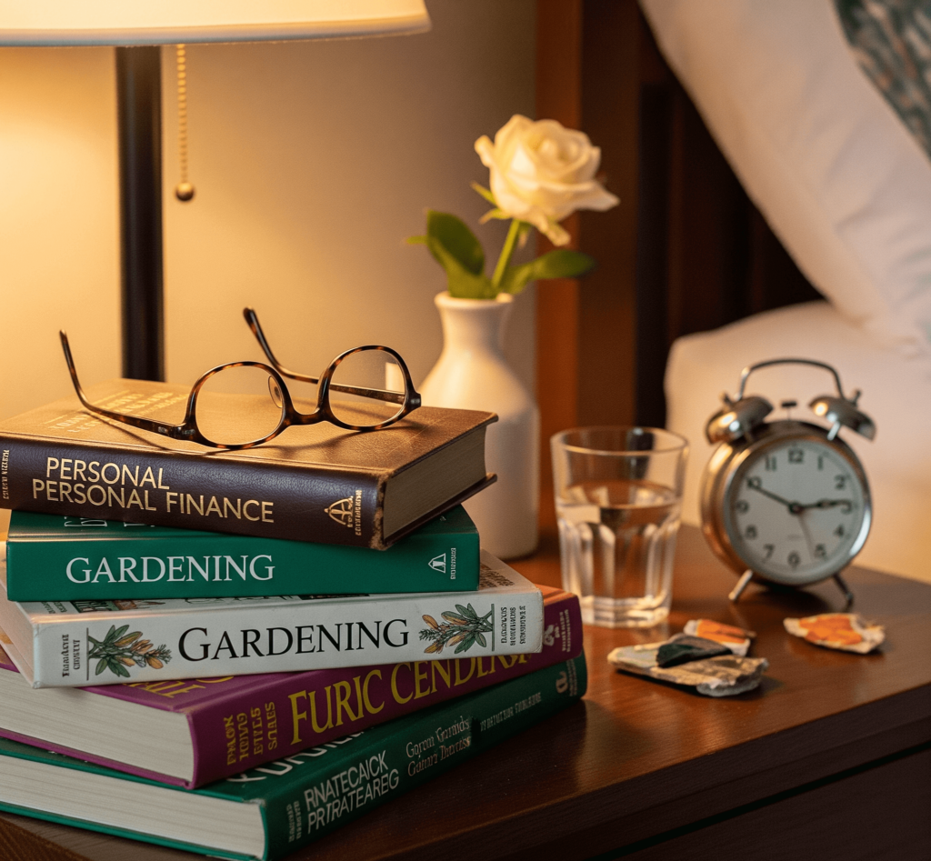 Books on personal finance and hobbies on nightstand.