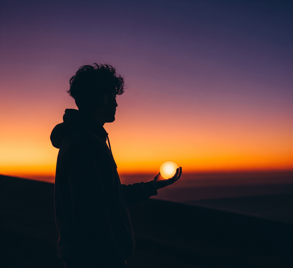 Silhouetted person holding glowing orb at sunrise, symbolizing hope.