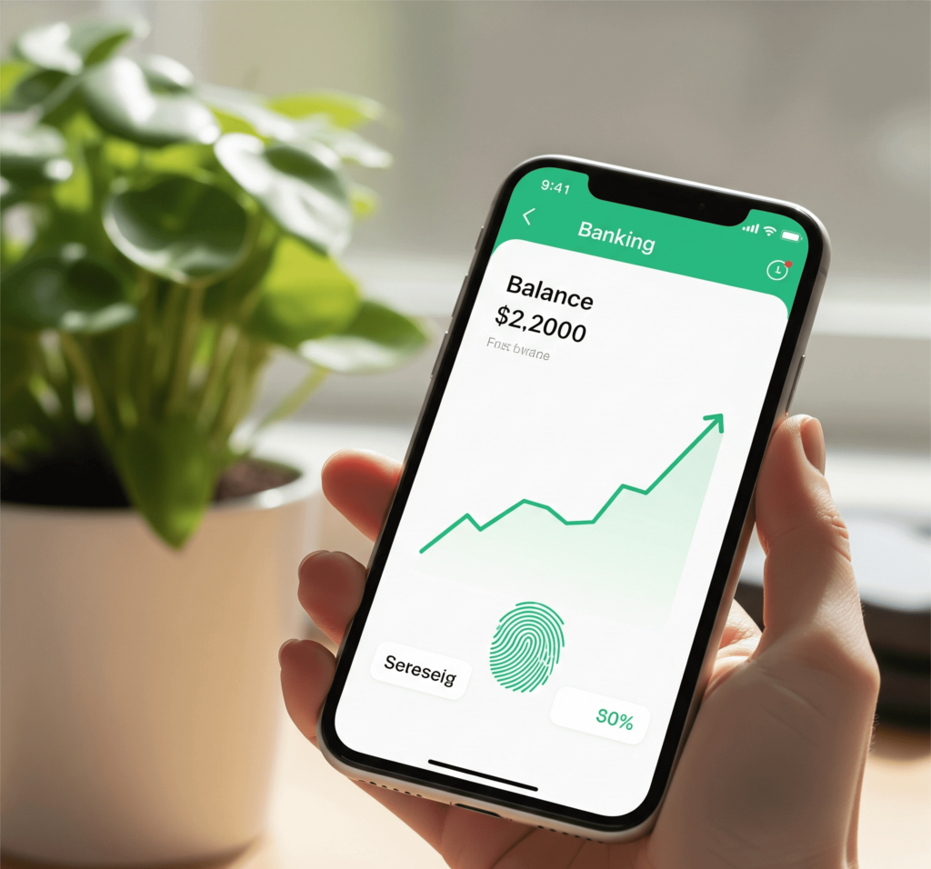 Hand holding smartphone with banking app and growth graph.
