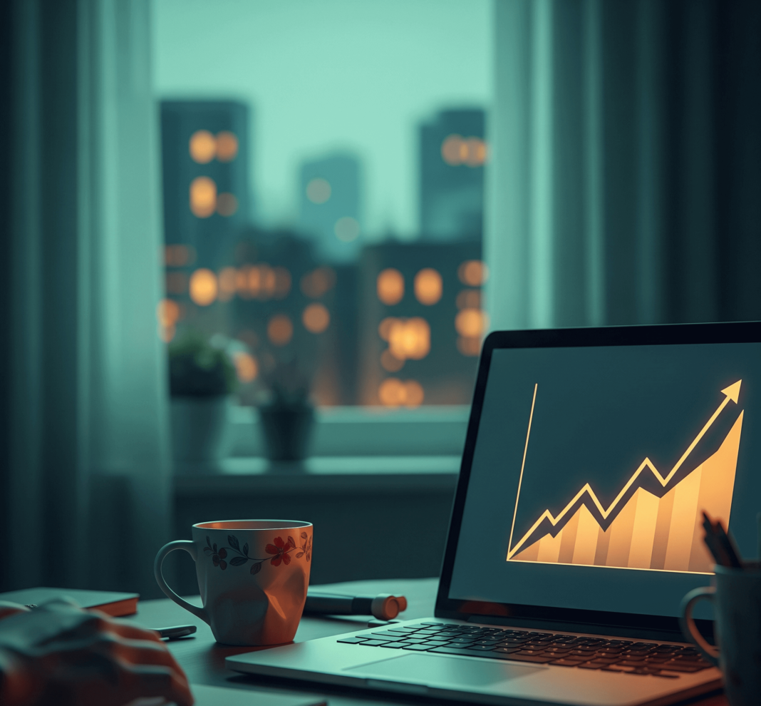 Home office with laptop showing financial growth graph, city view.
