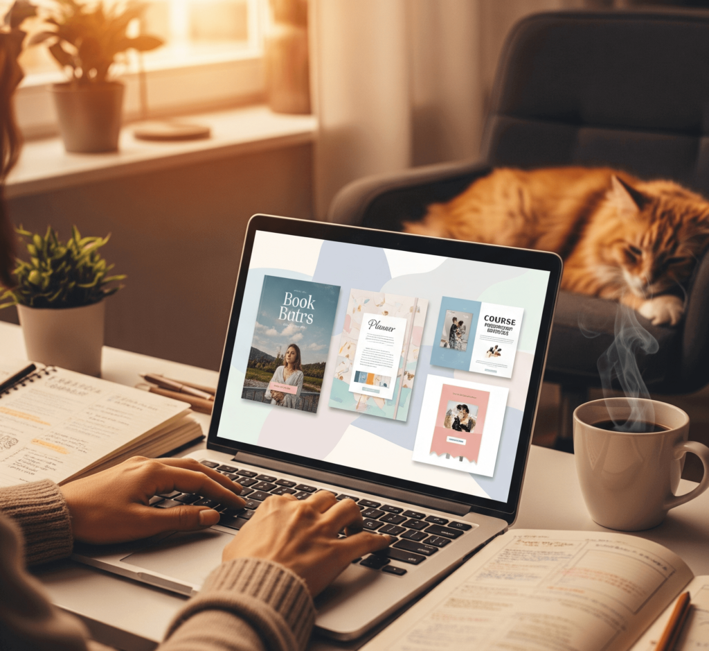 Hands typing on laptop showing digital product mockups, cozy office