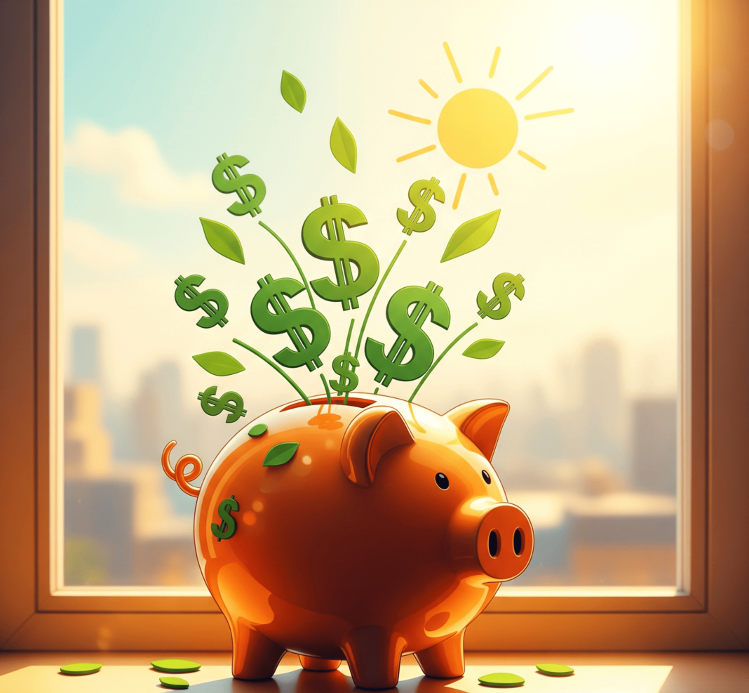 Whimsical piggy bank growing money on windowsill.