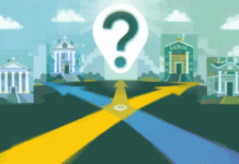 How to Choose Between Financial Institutions: Smart Guide a crossroads or a decision point, with multiple arrows pointing towards different buildings