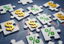 Interest Rates and Investments: What You Must Know puzzle pieces fitting together with dollar and percentage signs against a simplified stock chart.