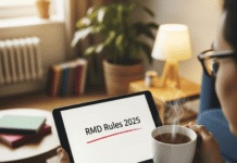RMD Rules in 2025: What Retirees Must Know A person holds a mug while reading about 2025 RMD rules on a tablet.