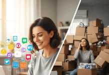 Best Side Hustles to Try in 2025 a person happily working on a laptop surrounded by digital icons on one side, and overwhelmed by a pile of physical boxes on the other.